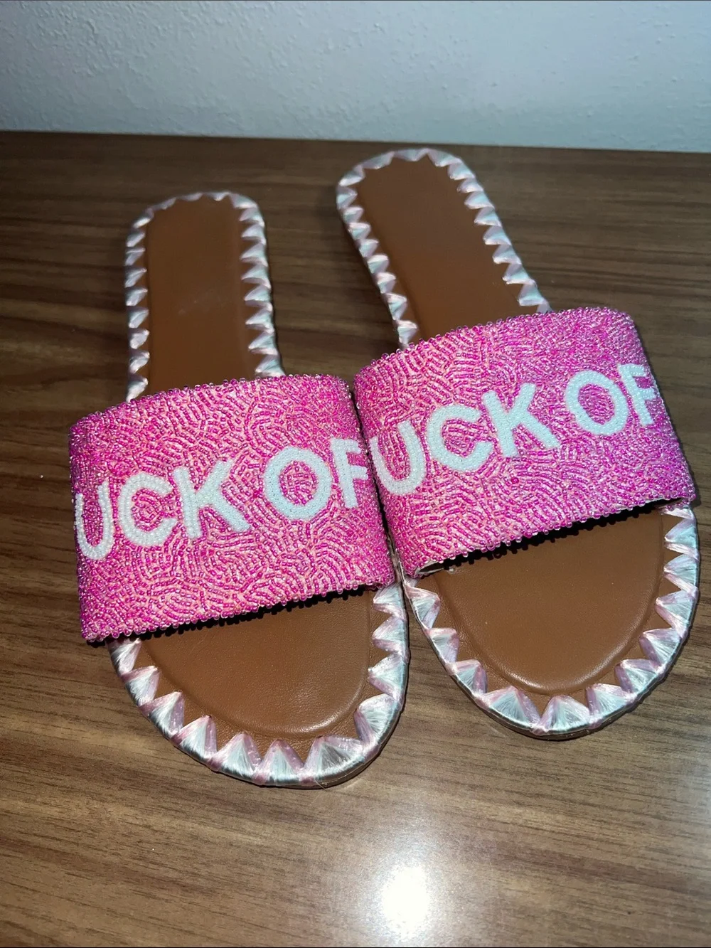 Pink Beaded Slide Sandals with Bold Embroidery